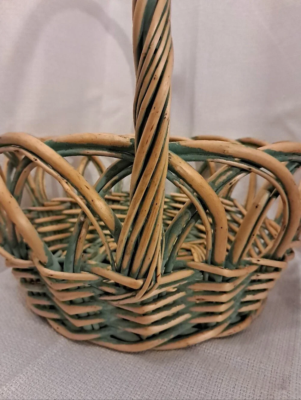 Vintage Large Handwoven Wicker Basket Green & Natural Twisted Handle Cottagecore